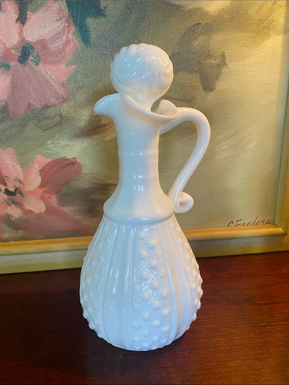 Vintage Fenton White Hobnail Milk Glass Handled Cruet